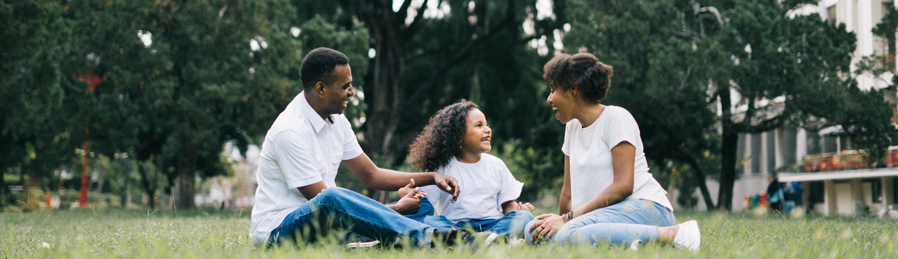 A family sitting on grass